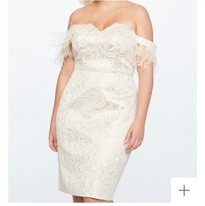 Eloquii Noir Coquette Feather Cocktail Dress Gold Off-the-Shoulder Size 20 NWT